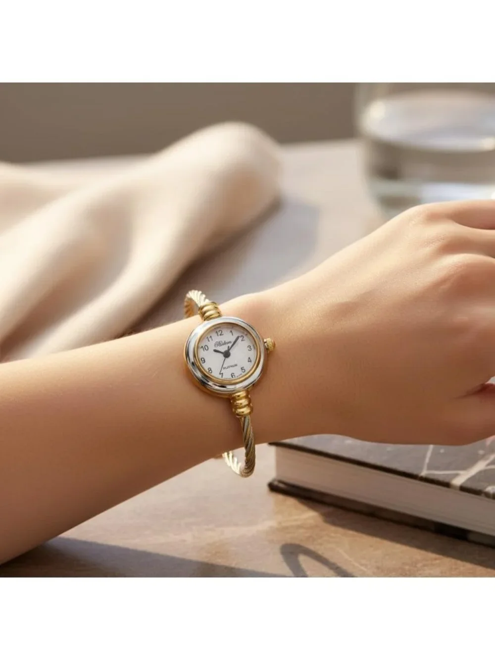 Women's Silver And Gold Analog Elegant Cable Cuff Arabic Numbers Bracelet Watch